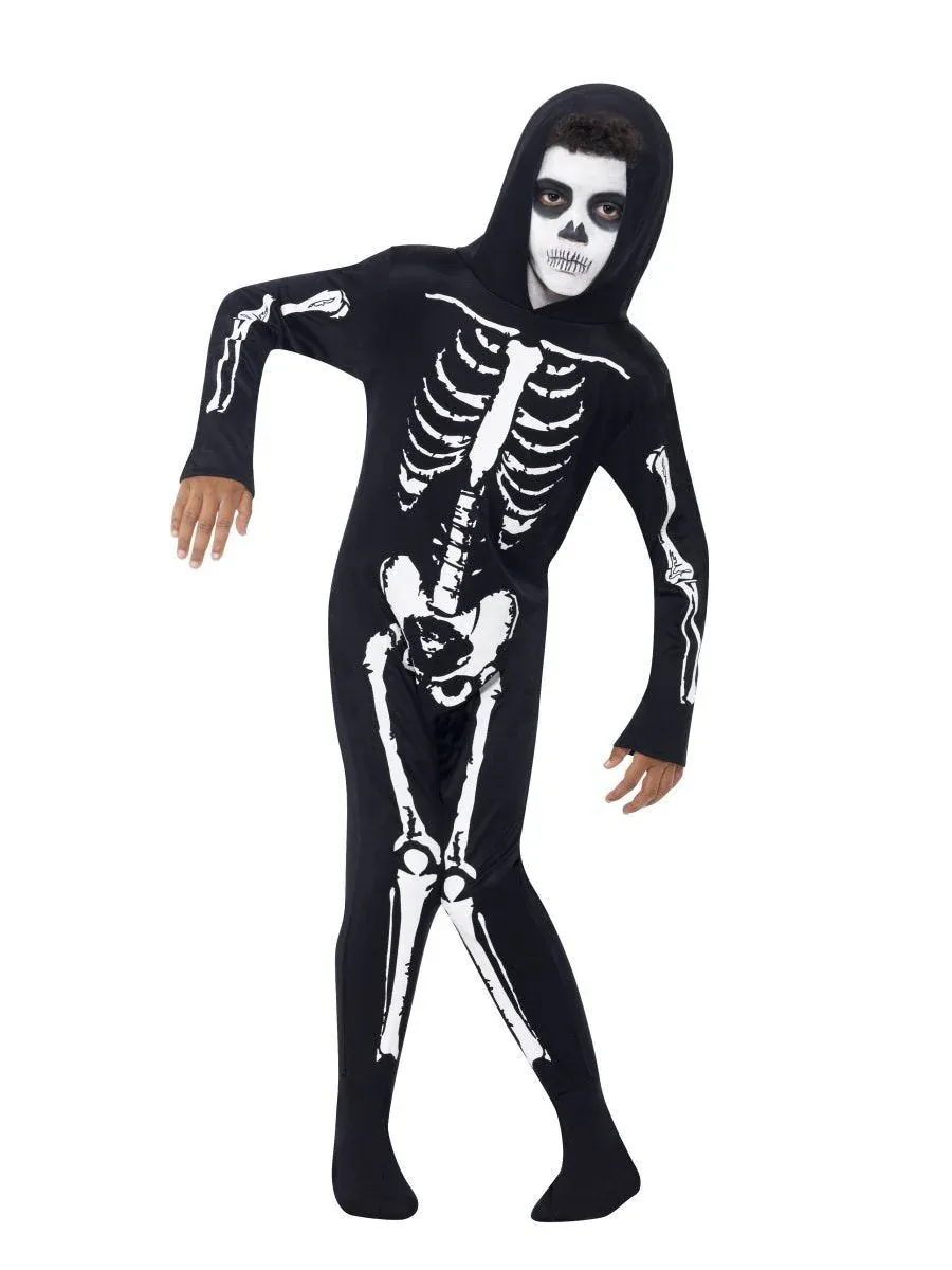 Skeleton Costume, Black, with Hooded All in One