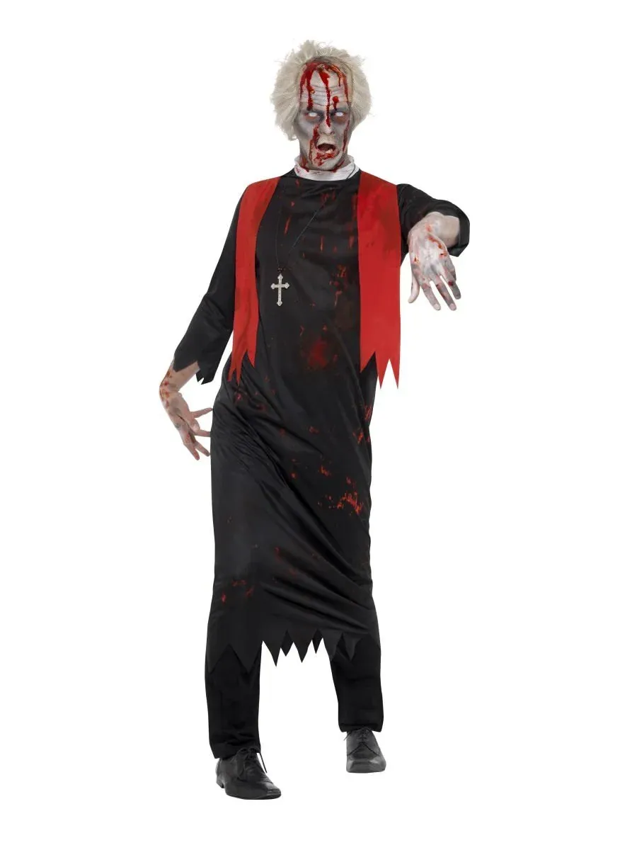 Zombie High Priest Costume, Black, with Tunic &amp; Cross Necklace ( M/L )