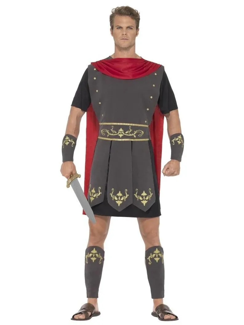 Roman Gladiator Costume, Black, with Tunic, Attached Cape, Arm Cuffs &amp; Leg Cuffs