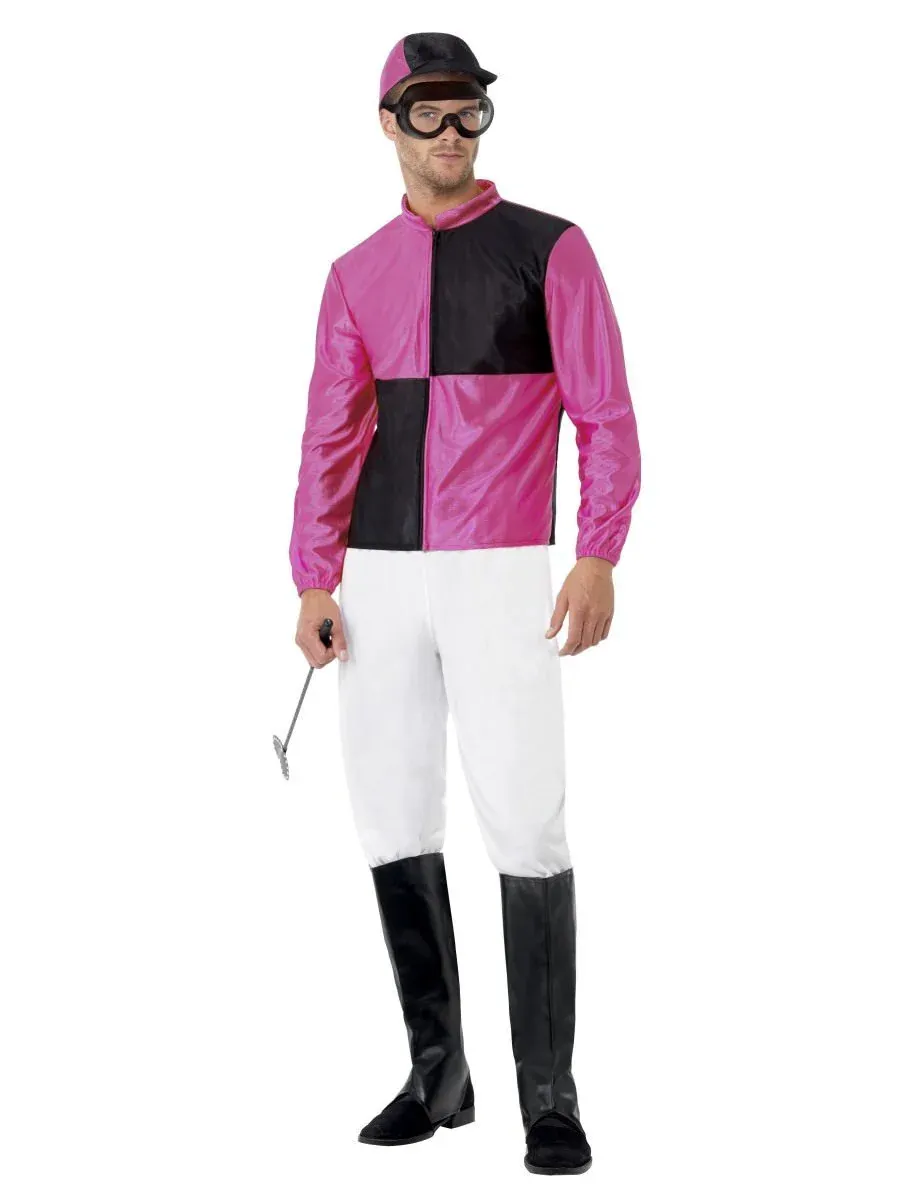 Jockey Costume, Pink &amp; Black, with Top, Trousers, Bootcovers, Hat &amp; Goggles - (Large)