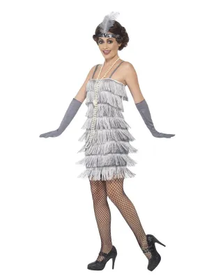 Flapper Costume, Silver, with Short Dress, Headband &amp; Gloves -2XL - ONLY