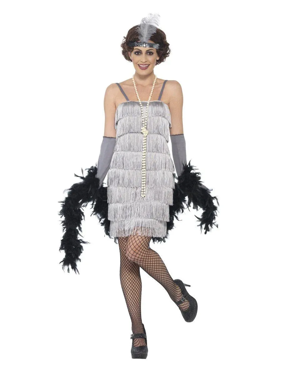 Flapper Costume, Silver, with Short Dress, Headband &amp; Gloves -2XL
