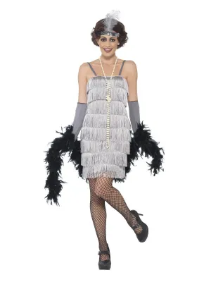Flapper Costume, Silver, with Short Dress, Headband &amp; Gloves -2XL