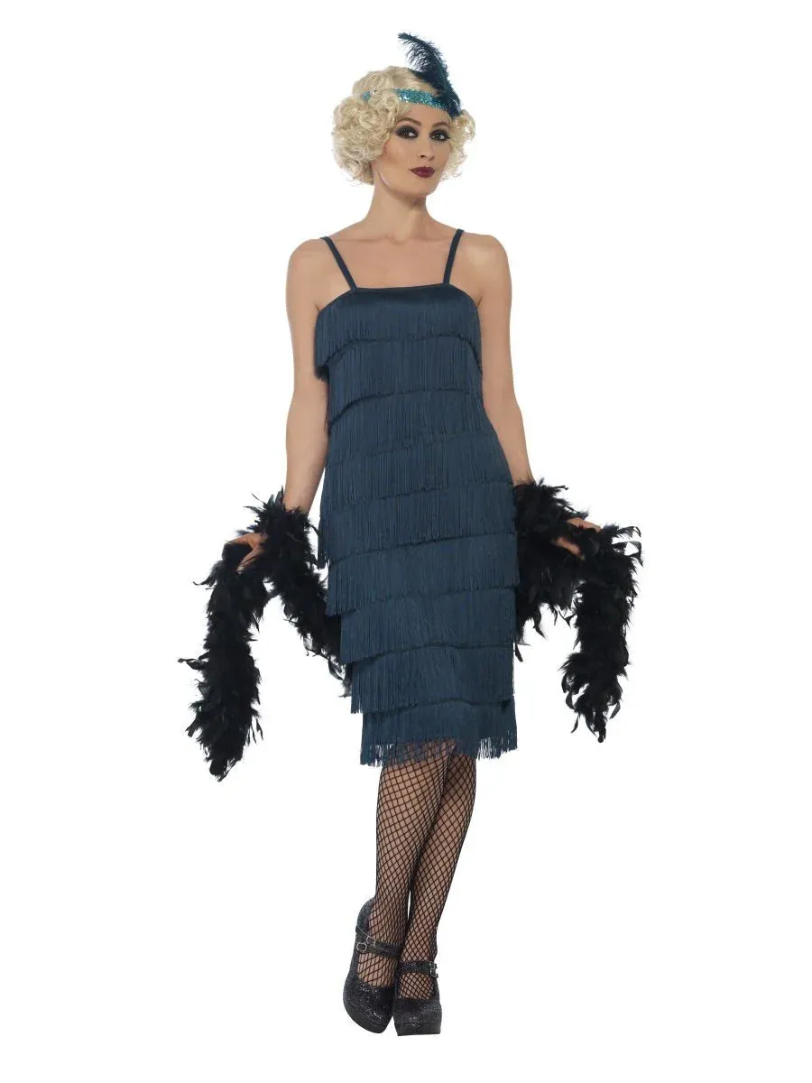 Flapper Costume, Green, with Long Dress, Headband &amp; Gloves