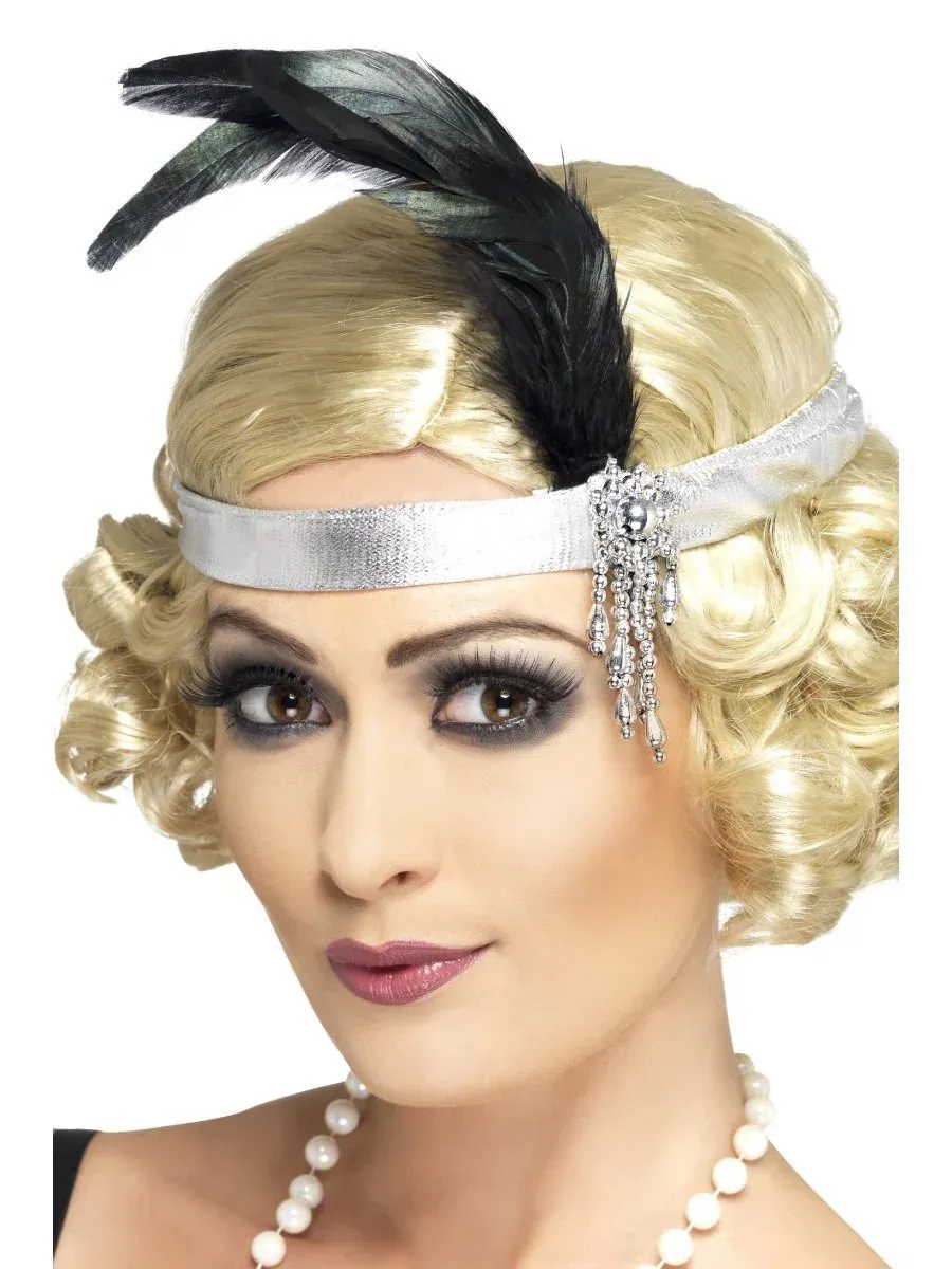 Silver Satin Charleston Headband, Silver, with Black Feather and Jewel