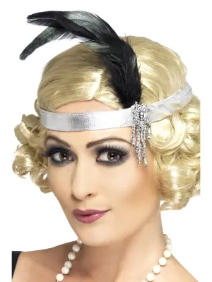 Silver Satin Charleston Headband, Silver, with Black Feather and Jewel