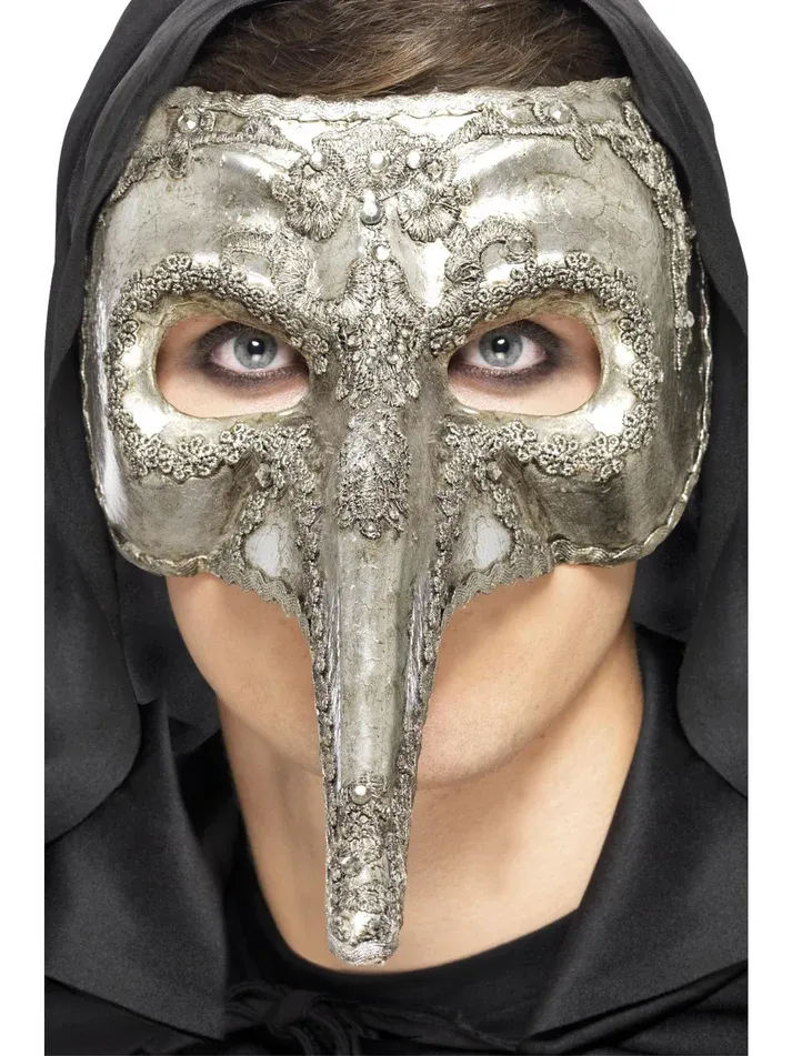 Luxury Venetian Capitano Mask, Silver