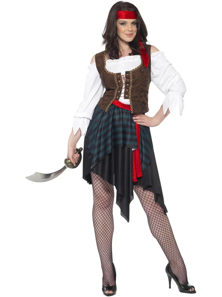 Pirate Lady Costume, Brown Shirt, Attached Waistcoat, Skirt, Belt &amp; Headband - Large