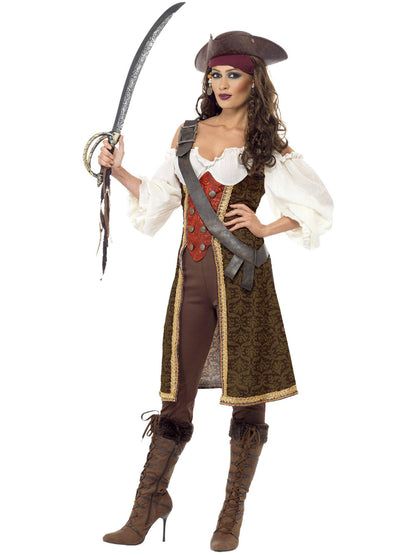 High Seas Pirate Wench Costume, Brown with Dress, Trousers and Baldric
