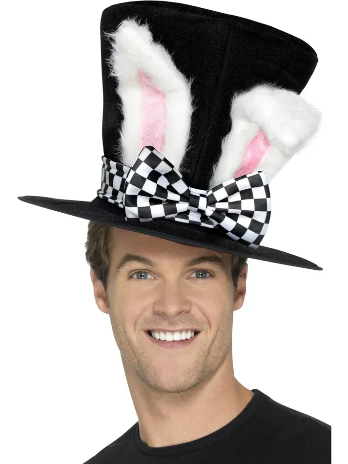 Tea Party March Hare Top Hat, Black &amp; White with Attached Rabbit Ears
