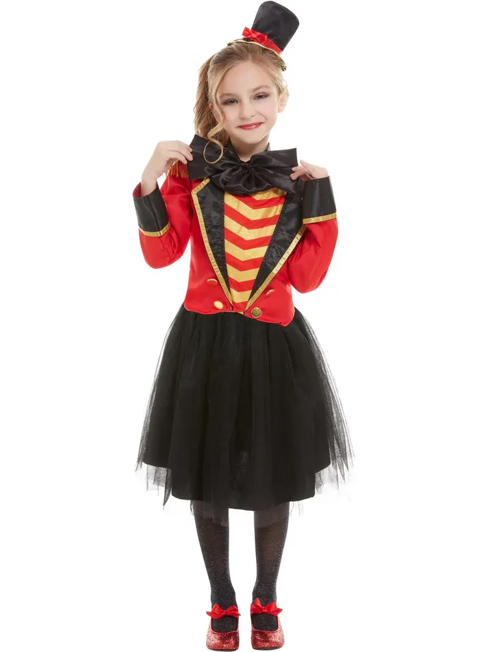 Deluxe Ringmaster Costume, Red with Jacket, Mock Shirt, Skirt &amp; Headband - Medium Only