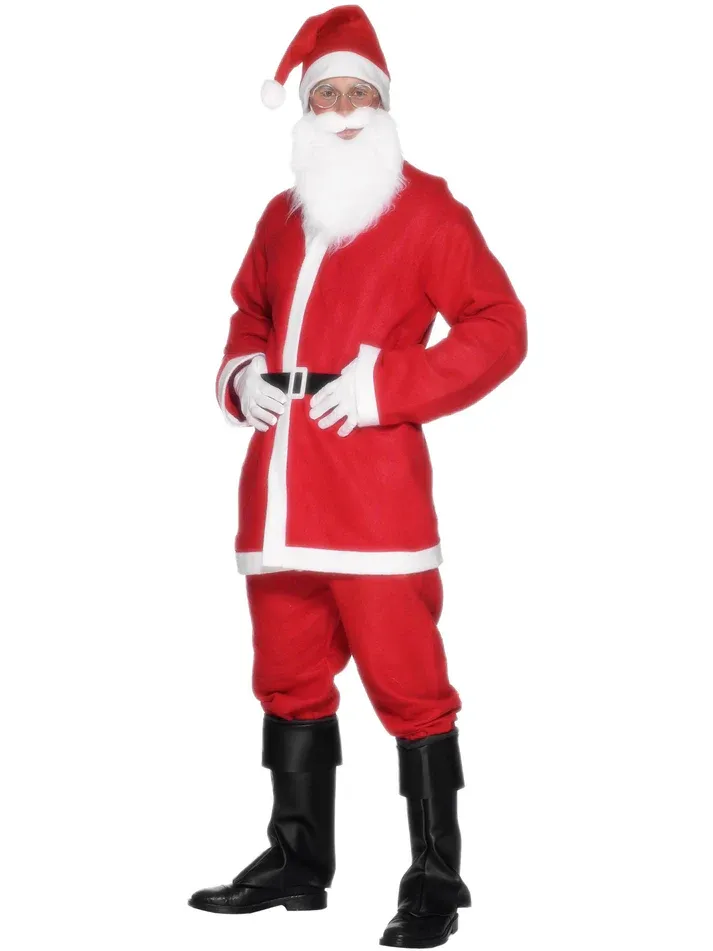 Santa Suit Costume, Red with Jacket, Trousers, Beard, Hat &amp; Belt  - Medium Only -