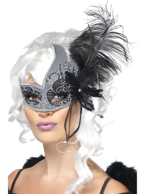 Masquerade Dark Angel - Eyemask - Silver &amp; Black with Tie Sides &amp; Feathers