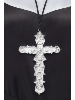 Ornate Cross Pendant, Silver, on Black Cord