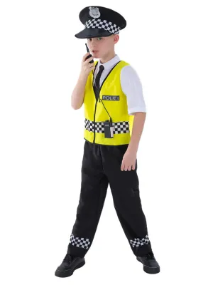 Police Costume, Black, with Top, Trousers, Hat &amp; Radio Set