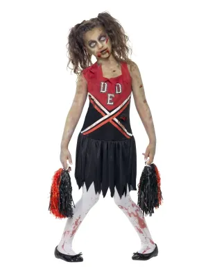 Zombie Cheerleader Costume, Red &amp; Black, with Blood Stained Dress &amp; Pom Poms (TEEN)