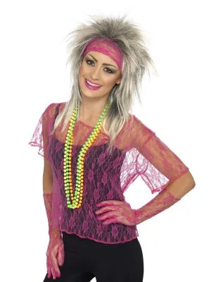 Lace Net Vest, Gloves &amp; Headband, Neon Pink - 80s -90s