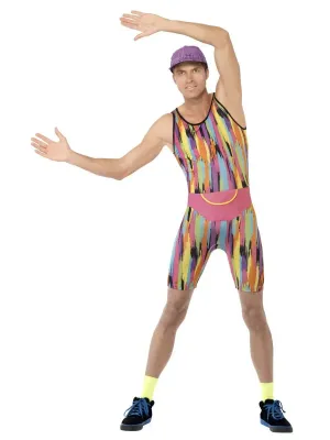 Aerobics Instructor Costume, Multi-Coloured, with Bodysuit, Hat &amp; Bum Bag - 80s, 90s