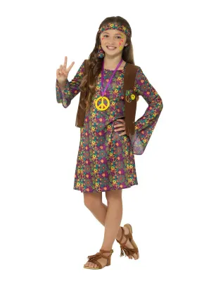 Hippie Girl Costume, with Dress, Multi-Coloured, Attached Waistcoat, Headband &amp; Medallion - ( Medium )