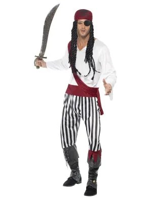 Pirate Man Costume, Black &amp; White, with Shirt, Trousers, Headpiece &amp; Belt