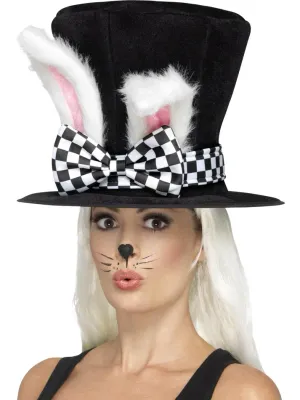 Tea Party March Hare Top Hat, Black &amp; White with Attached Rabbit Ears