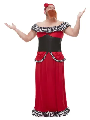 Bearded Lady Costume, Red, with Dress, Corset, Headband &amp; Beard
