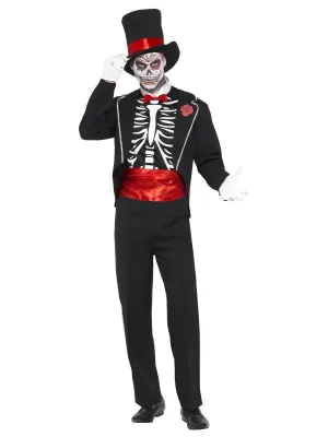 Day of the Dead Costume, Black, with Jacket, Mock Shirt Front, Hat and Gloves