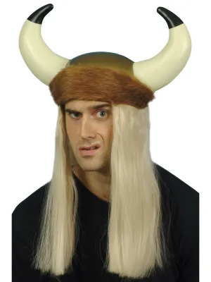 Viking Helmet, Brown, with Horns, Long Blonde Hair and Fur Trim