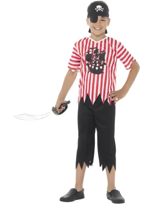 Jolly Pirate Boy Costume, Red &amp; White with Top, Trousers, Bandana &amp; Eyepatch - Medium only