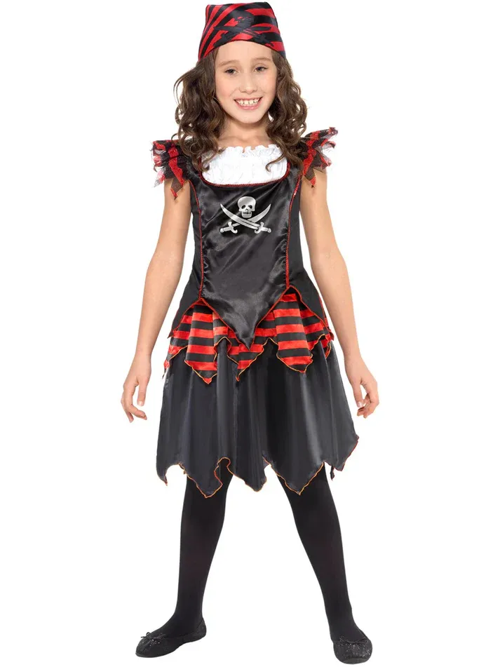 Pirate Skull & Crossbones Girl Costume, Black with Dress & Headscarf Pirate Skull & Crossbones Girl Costume, Black with Dress & Headscarf