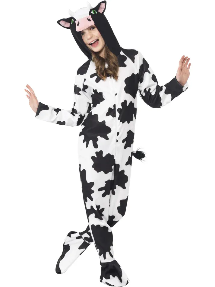 Cow Costume, Black &amp; White with Hooded Jumpsuit - Kids