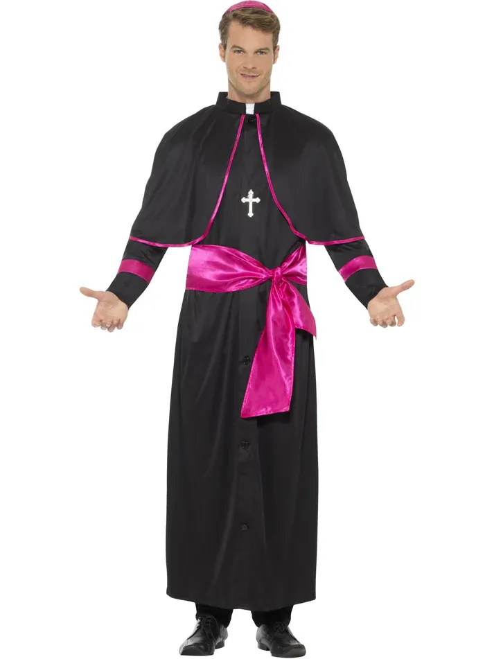 Cardinal Costume, Black with Robe, Mock Belt, Hat &amp; Cross Necklace - Medium only