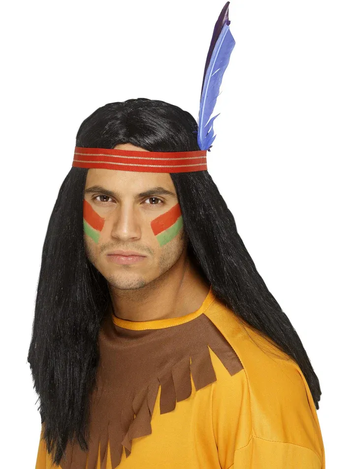 Native American Inspired Brave Wig, Black Long, Straight, with Headband and Feather