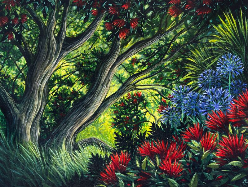 Agapanthus under the pohutukawa