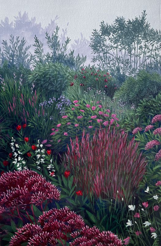 Red garden on a Misty morning