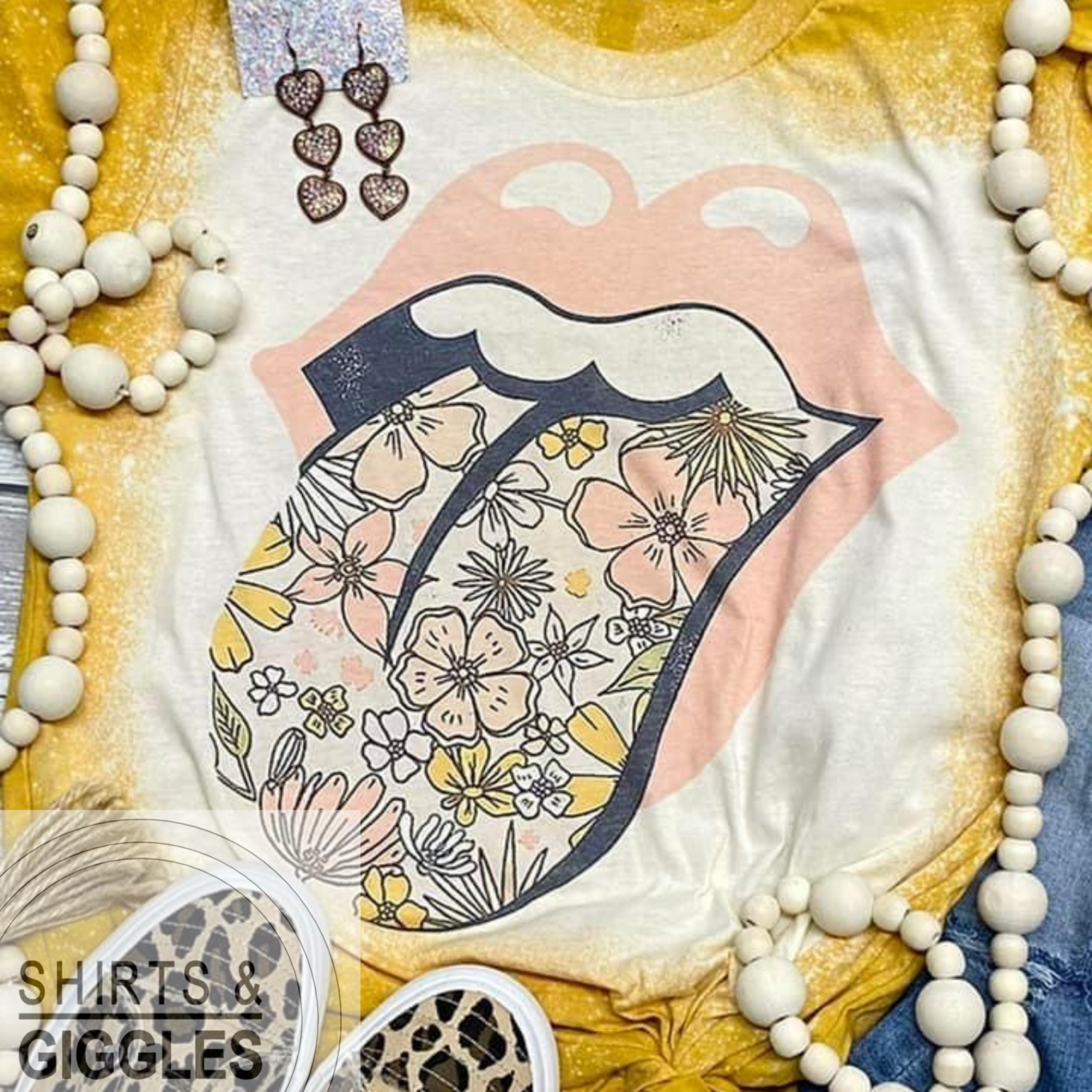 Retro Floral Tongue Mustard Bleached Tee