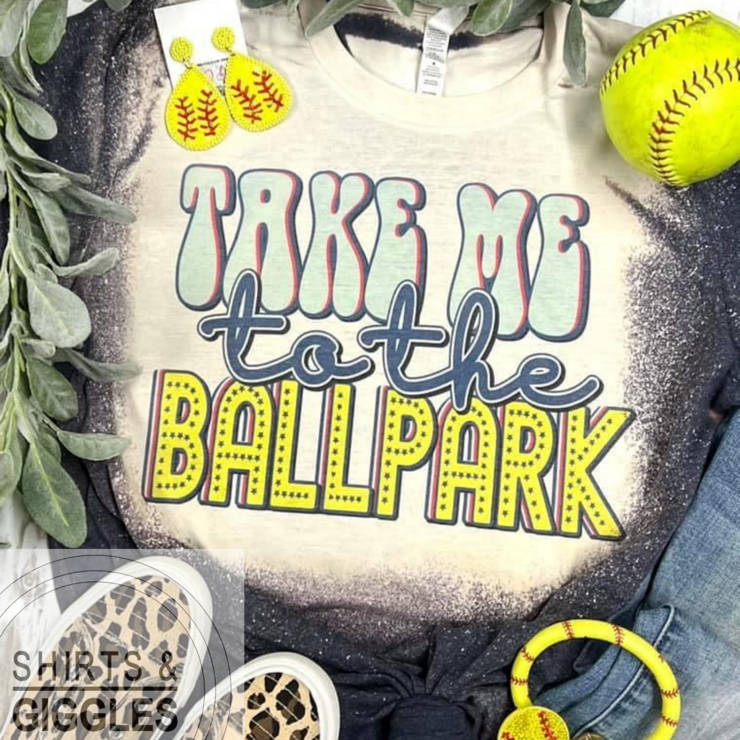 Take Me to the Ballpark Softball Navy Bleached Tee (Adult &amp; Youth Available)