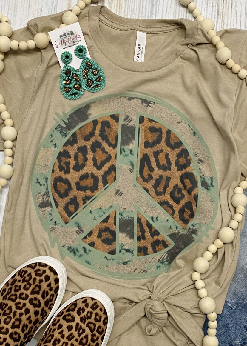 Leopard Cow Print Peace Sign Tan Tee