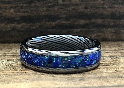 The Whirlpool | Tungsten Ring Plated with Titanium Damascus and Inlaid with Opal