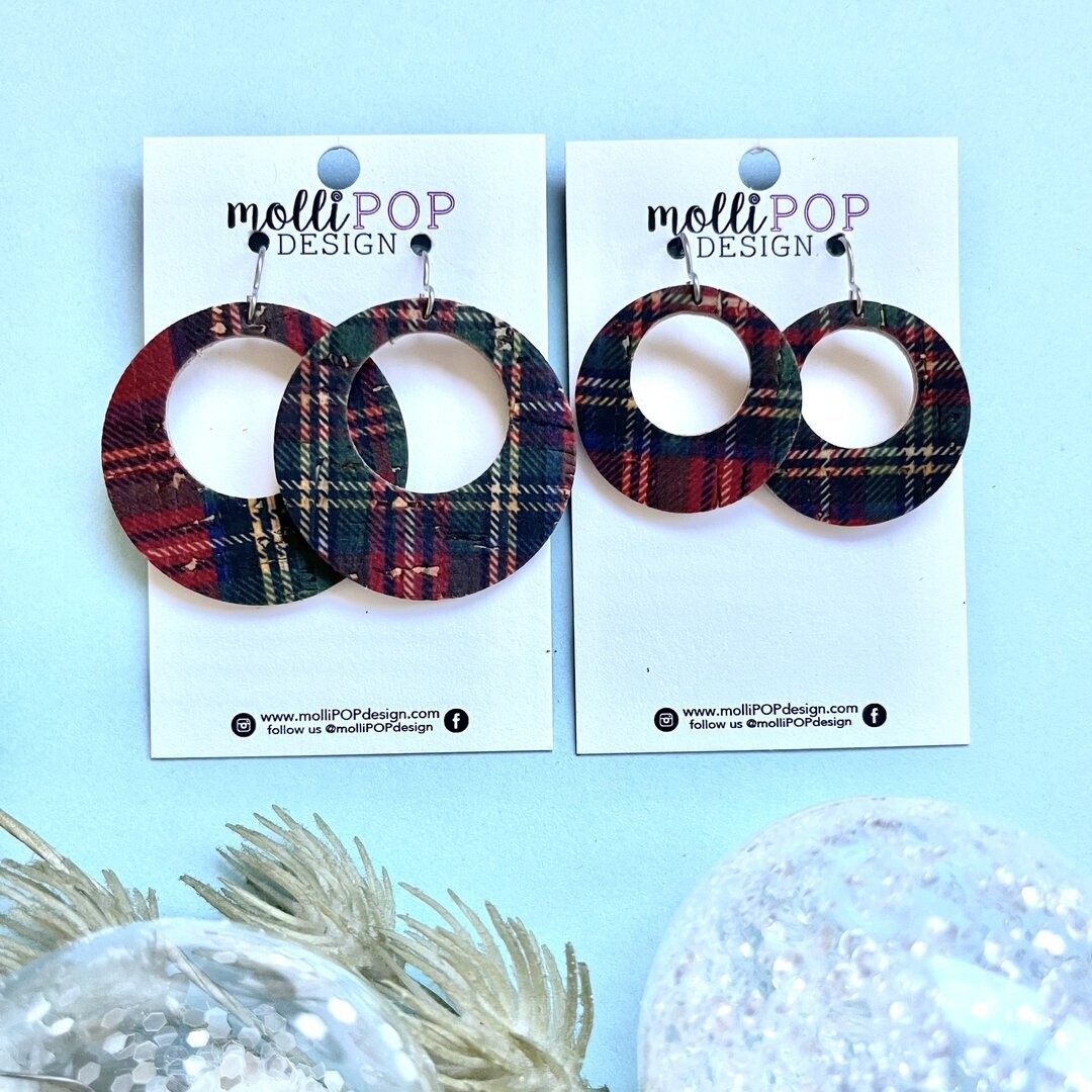 Red Plaid Round Cork Earrings