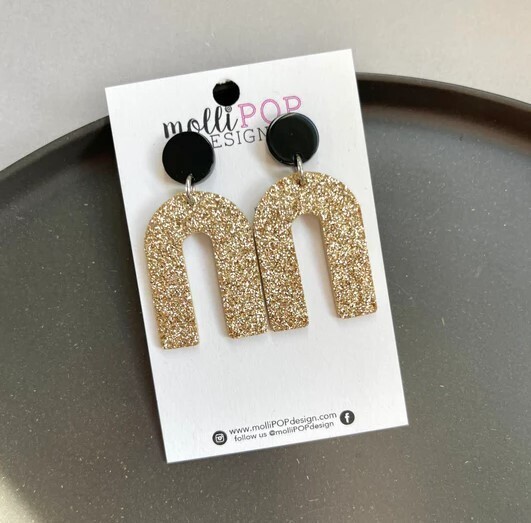 Gold Glitter Arch Leather Earrings