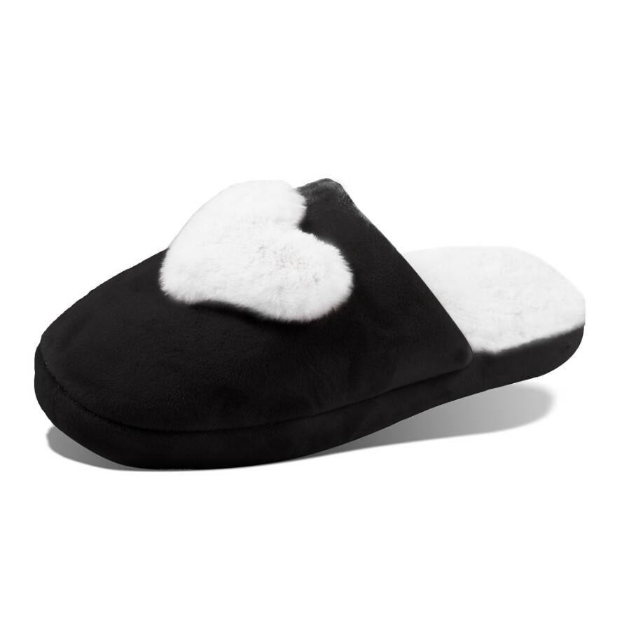 Plush Heart Slippers. Black/White