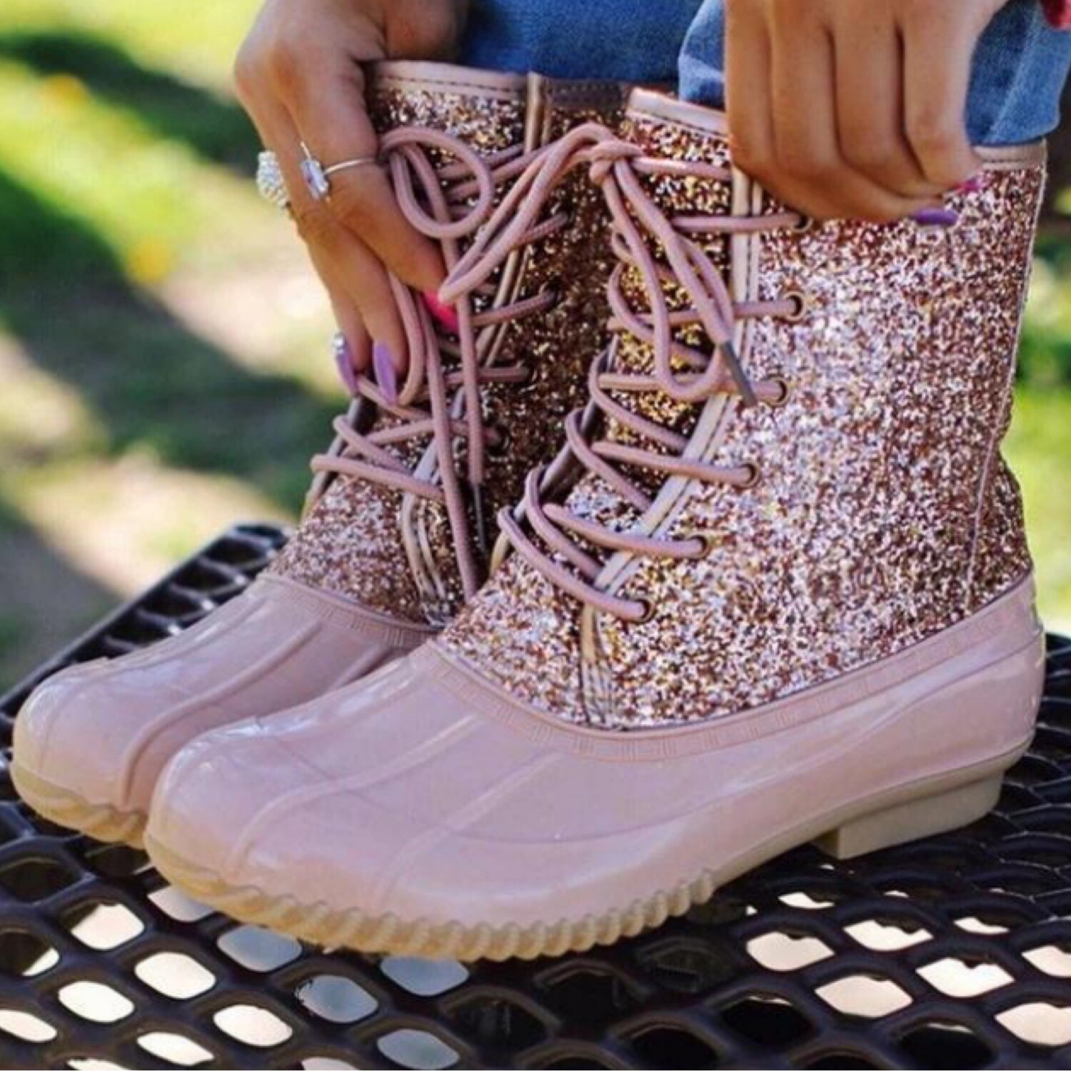 Sklar rose gold glitter duck boots