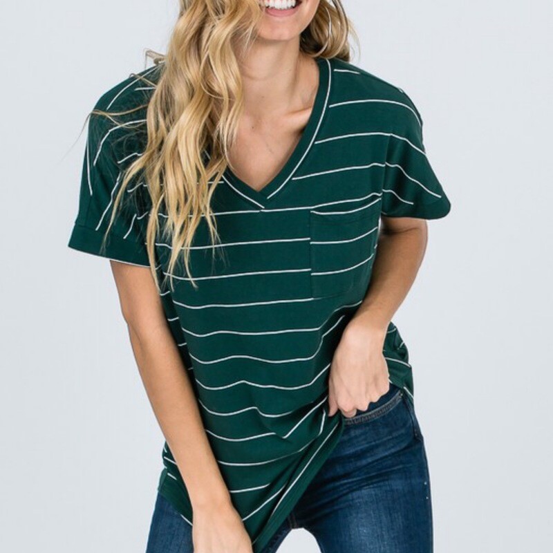 Hunter Green V-neck Stripe Short Sleeve