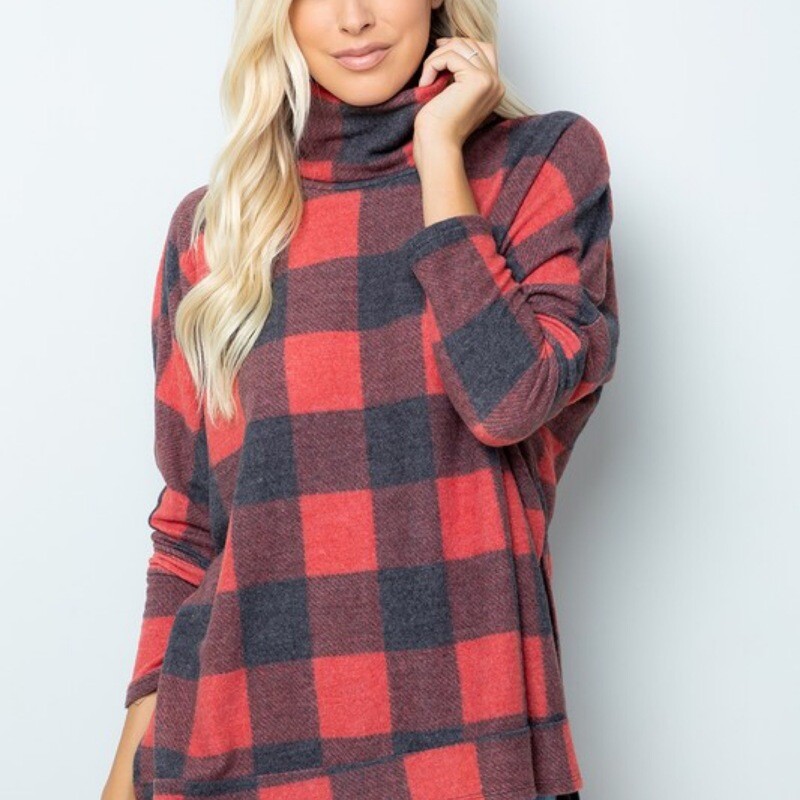 Plaid Long Sleeve Turtleneck Loose Fit Red/Black