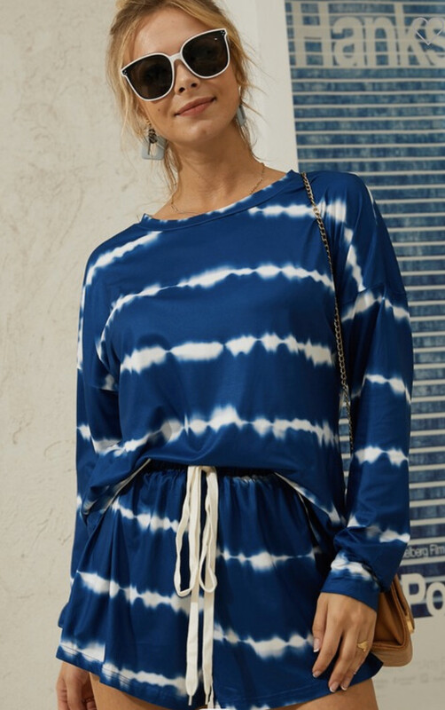 Blue Tye Dye Long Sleeve Top and Shorts Set