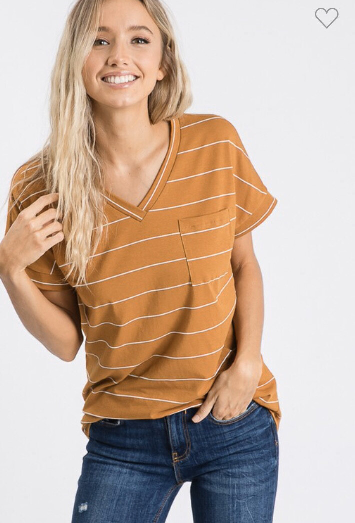 Mustard V-Neck Stripe Short Sleeve Top