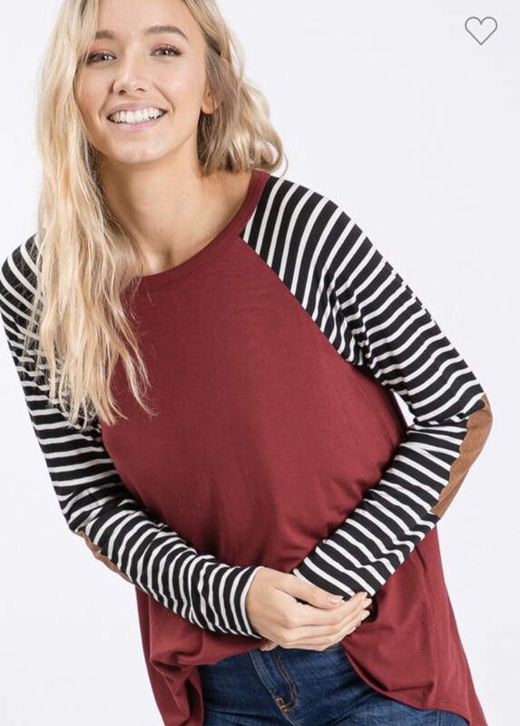 Burgundy with Striped Sleeves Raglan Top
