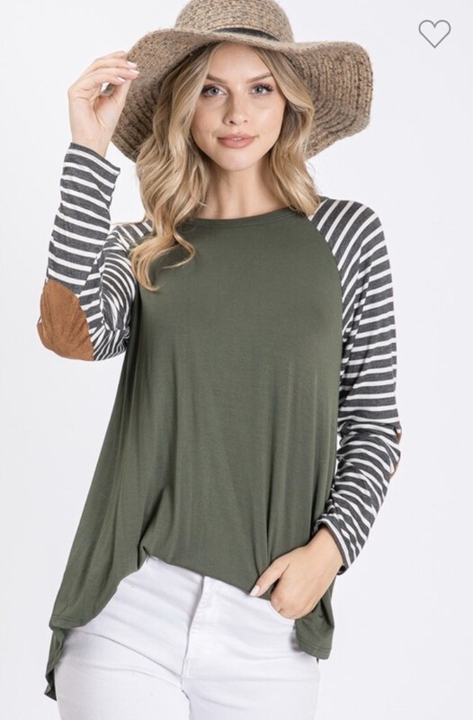 Olive with Striped Sleeves Raglan Top