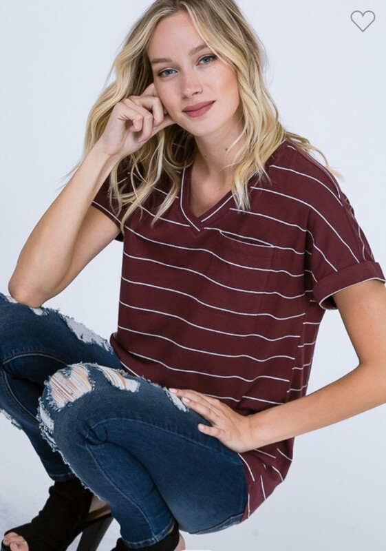 Burgundy V-neck Stripe Short Sleeve Top